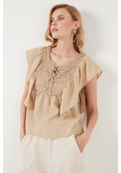 Lela Regular Fit Önden Bağlamalı Volanlı Bayan Bluz 611Fb20064 Taş