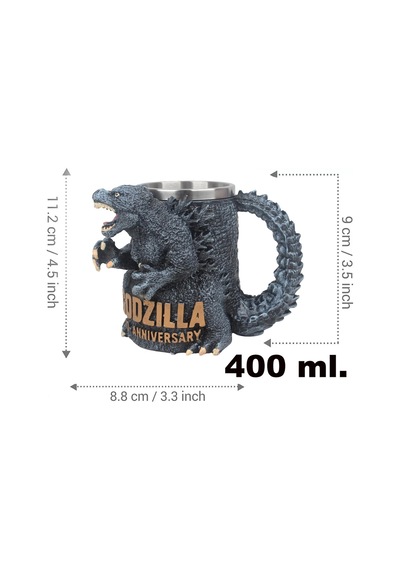 3d Godzilla Tasarımlı Kupa Paslanmaz Çelik İç Hazneli Kulplu Dekoratif Bardak 400 Ml Çok Renkli