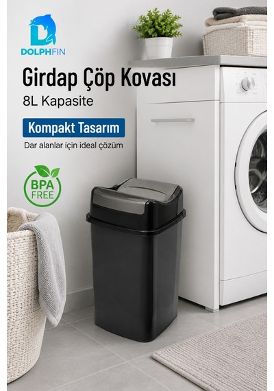 Girdap 8 Litre Sallanır Kapaklı Çöp Kovası Mutfak Banyo Ofis Siyah Füme