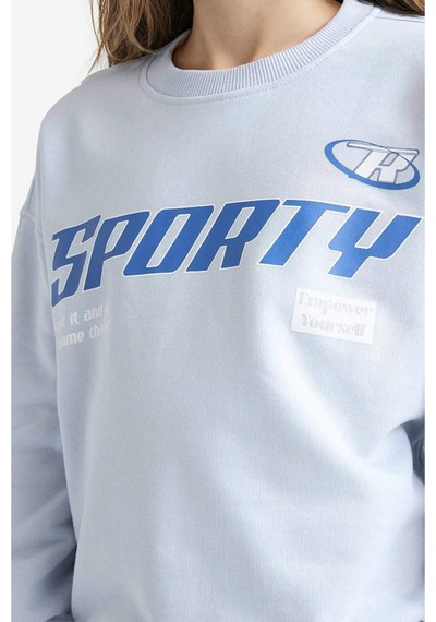 Defacto Kız Çocuk Relax Fit Bisiklet Yaka Baskılı Sweatshirt E6760a825aube216 Mavi