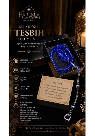 Özel Kutulu Cam Tesbih 33 Lük Kişiye Özel Notlu Hediyelik Lacivert Yeşil