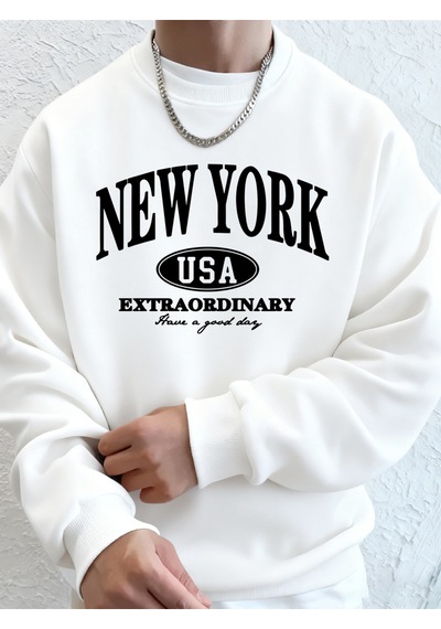 Startmore Startmorenew York Abd Baskılı Erkek Tişörtü Kış Büyük Boy Kapüşonlular Hip Hop Bisiklet Yaka Polar Sıc Beyaz