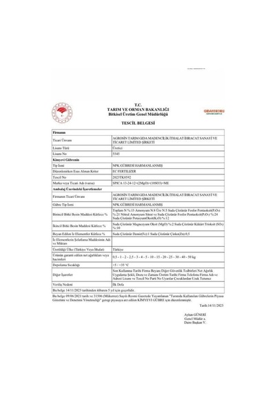 Agrosin Spica 13.24.12+(2MgO)+(10SO3)+ME Granül NPK Taban Gübresi 50 kg -