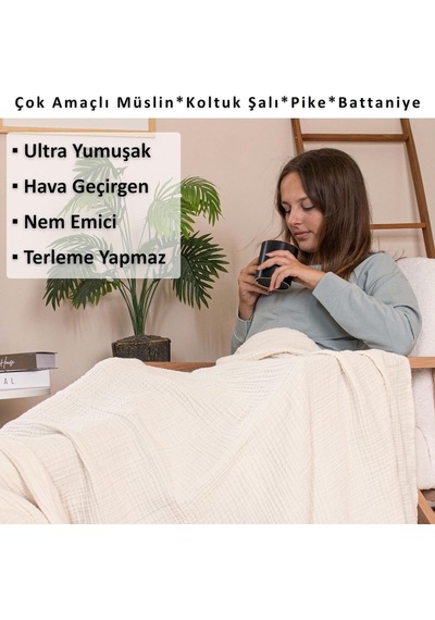 Püskül Müslin Koltuk Battaniyesi &amp Pike Tek Kişilik 135x170 Cm, 100% Pamuk Ultra Yumuşak 4-katlı Muslin Kumaş Diğer