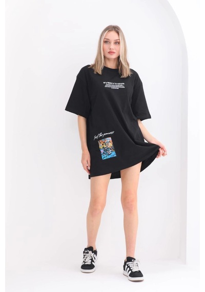 Novalisse Kadın Bisiklet Yaka Baskılı Oversize T-shirt - Siyah Çoklu Renk