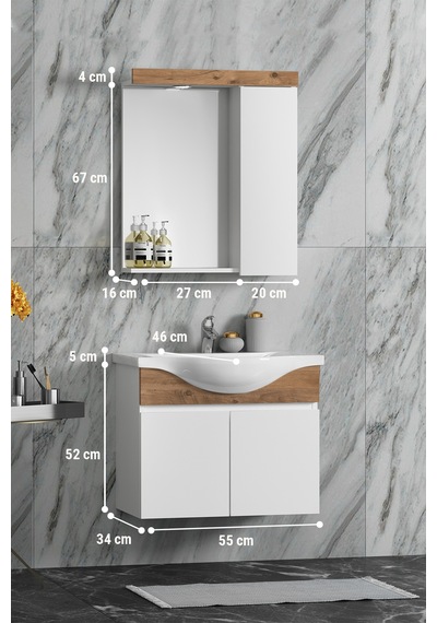 Yıldız 55 Cm Beyaz-atlantik Çam Mdf Seramik Lavabolu Asma Banyo Dolabı Takımı