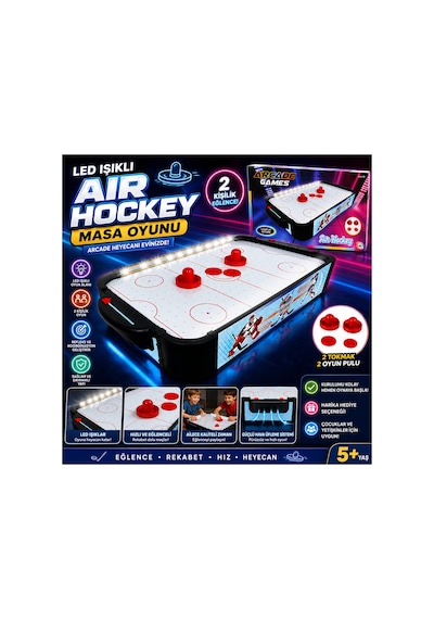 Led Işıklı Masaüstü Air Hockey Oyunu 50x30 Cm 2 Kişilik Hava Hokeyi Arcade Oyun Seti