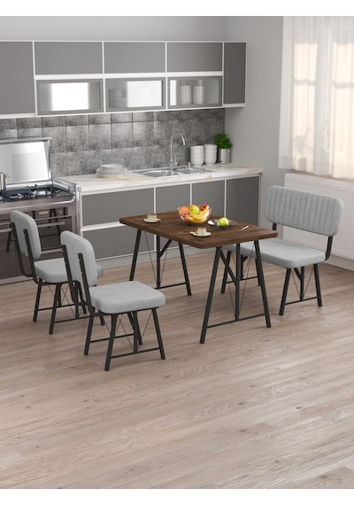 Hayat 70x110cm Sabit Amalfi Mutfak Masası, Mutfak Masası Takımı, Yemek Masası, 2 Sandalye 1 Bench - Açık Gri Açık Gri