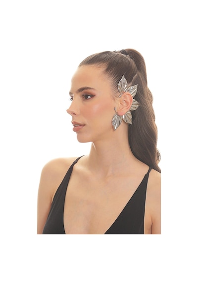 Kadın Gümüş Renk Lak Kaplama Zirkon Taşlı Yaprak Stilizesi Sol Kulak Earcuff&kıkırdak Küpe Çok Renkli