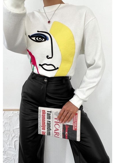 Femelle Ekru Kalın Içi Polarlı Nakış Işlemeli Kabartmalı Oversize Sweatshirt