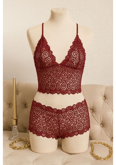 Ang Butik Kadın Bordo Dantel Bralet Şort Takımı Asil Ve Sofistike İç Giyim