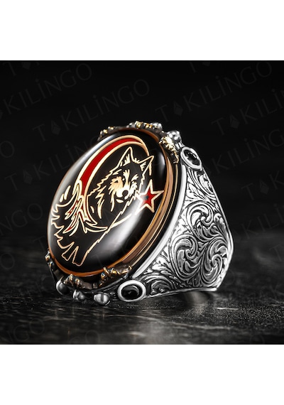 Takılingo 925 Ayar Gümüş Ayyıldız İçinde Kurt Başlı Miiliyetçi Erkek Yüzük Gümüş