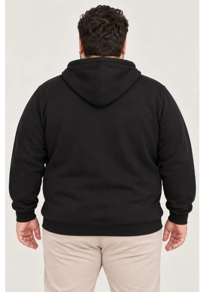 Erkek Battal Büyük Beden Üç İplik İçi Şardonlu Kapüşonlu Tam Fermuarlı Kışlık Sweatshirt - Siyah