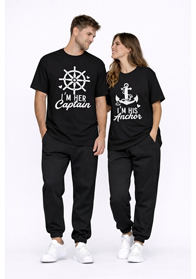 Sevgili Kombini Oversize Çift Tişört Unisex Captain Anchor Baskıl Siyah