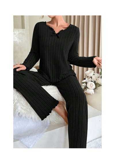 Fantezia Night Kadın Gri Çizgili Uzun Kollu Fiyonk Detaylı Pijama Takımı Rahat Mevsimlik Siyah Fantezia Night Kadın Gri Çizgili Uzun Kollu Fiyonk Detaylı Pijama Takımı Rahat Mevsimlik Siyah