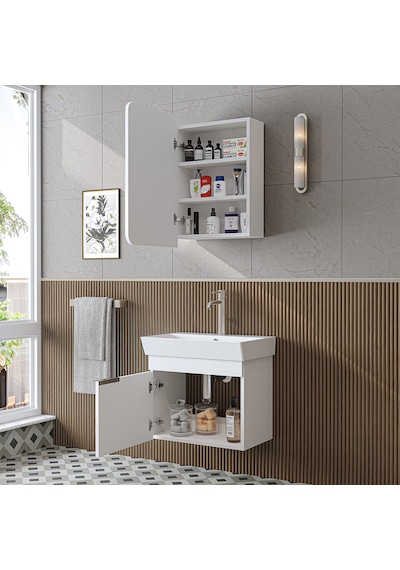 Likya Lavabolu Banyo Dolabı Takımı, Mdflam Tek Kapaklı Lavabolu 59 Cm Banyo Alt Dolabı + Üst Dolabı Beyaz