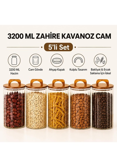 3200 Ml Zahire Kavanozu 5'li Set, Ahşap Kapaklı Kulplu Cam Erzak Saklama Kabı, Büyük Boy Bakliyat Makarna Kahve Kur Genel