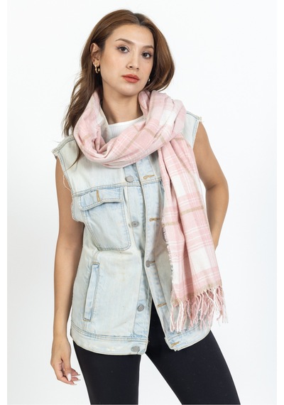 Ladycolor Ekoseli Yünlü Omuz Şalı - 70x200 Cm - Dayanıklı Akrilik Pembe