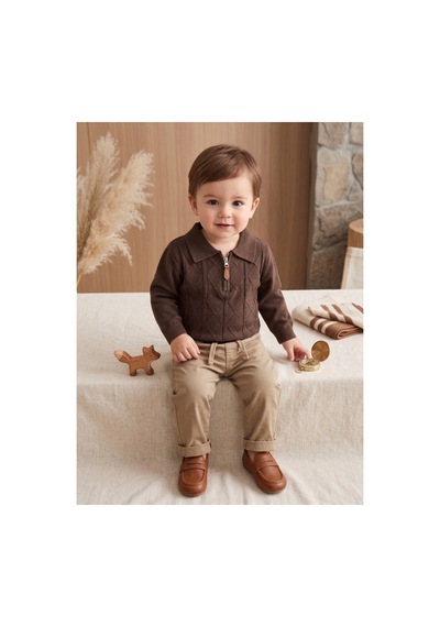 Deniva Kids Erkek Bebek Kahverengi Polo Yaka Fermuarlı Triko Kazak Ve Beli Lastikli Pantolon 2'li Takım
