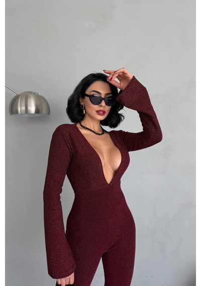 Neşeli Butik Kadın Bordo Dekolteli Novel Sim Maxi Tulum Nbdf118