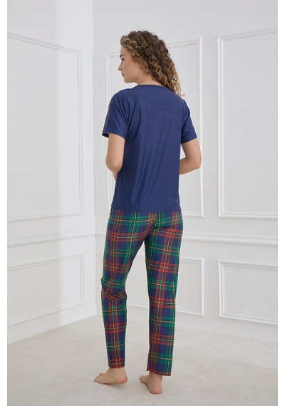 Kompedan Kadın Ekose Desenli Bisiklet Yaka Pijama Takım Lacivert 30102-1281 Lacivert
