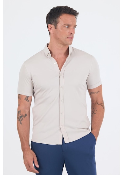 İmza Taş İtalyan Düğmeli Yaka Kısa Kol Cepsiz Slim Fit Gömlek 1004250255 Taş Rengi