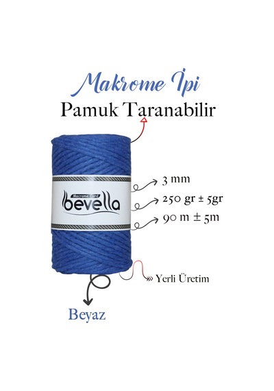 Taranan Makrome Ipi 3mm Taranabilir Pamuk Tek Büküm Makrome Ipi Saks Mavisi