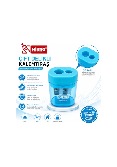 Mikro Çift Delikli Kalemtıraş 24 Adet Tek Kutu Hazneli Standart Ve Jumbo Kalem Uyumlu Mk-1011