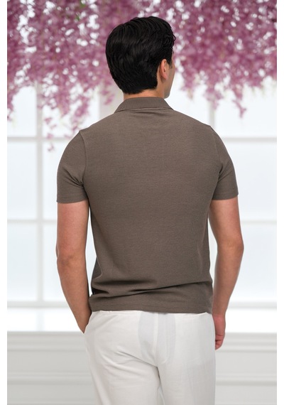 Advante Slimfit Spor Örgü Kumaş Tek Düğme Polo Yaka T-shirt Kahverengi