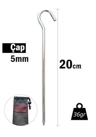 Worldcamp Çadır Tarp Kazığı 5mm 20cm Galvanizli 6 Adet Gri