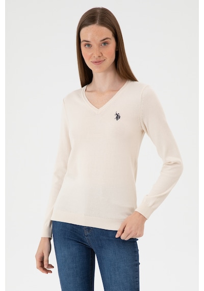 U.S. Polo Assn. Kadın Krem Melanj V Yaka Basic Kazak 50313590-VR159