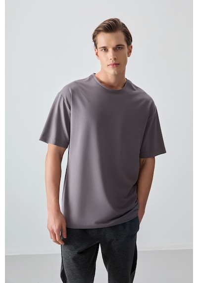 Air Jones Tommy Life Koyu Gri Pamuklu Kalın Yumuşak Dokulu Oversize Fit Basic Erkek T-shirt - 88377 Koyu Gri