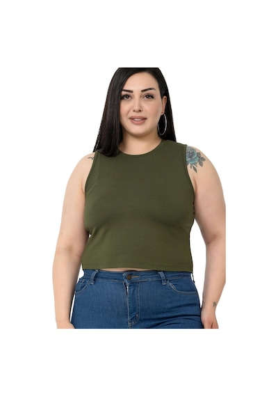 Disentis Büyük Beden Bisiklet Yaka Kolsuz Crop Viskon Haki Body-haki Haki