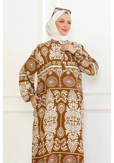 Desenli Viskon Elbise - Taba Taba