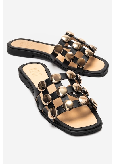 Luvishoes Bareon Siyah Cilt Hakiki Deri Bantlı Altın Tokalı Kadın Terlik