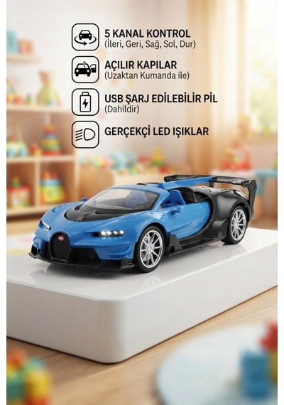 Bugatti Tasarımlı 1:14 Ölçekli Şarj Edilebilir 27 Mhz Uzaktan Kumandalı 28 Cm Spor Araba Mavi