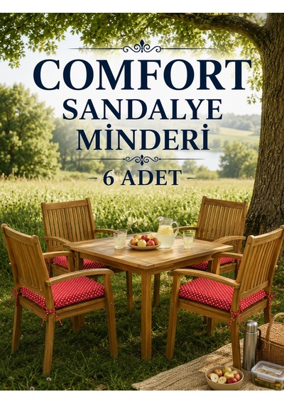 Comfort 6 Adet Sandalye Minderi Bağcıklı Özel Dikişli Süngerli Pamuklu Kumaş Sandalye Minderi Puanlı Kırmızı