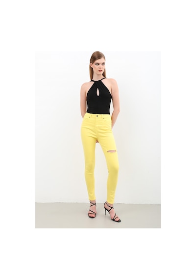 Kadın Yırtık Detaylı Jean Pantolon Sarı 001