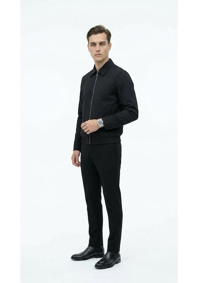 Plus Scorpion Erkek Slim Fit Bomber Fermuarlı Mont Ceket Esnek Kumaş Günlük Şık Casual Ceket Siyah