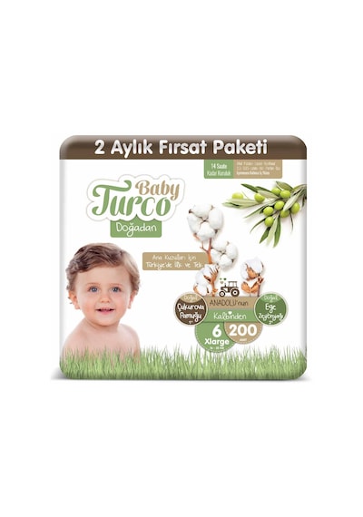 Baby Turco Doğadan Bebek Bezi 6 Numara XLarge 2 Aylık Fırsat Paketi 200 Adet