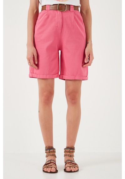 Lela Pamuklu Relaxed Fit Yüksel Bel Kemerli Gabardin Short Bayan Şort 668Yp4710 Fuşya