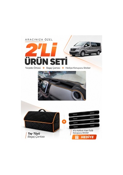 Renault Trafıc Kapaksız 2015-2022 Uyumlu Torpido Örtüsü + Tay Tüyü Çanta Seti - Siyah Kahverengi