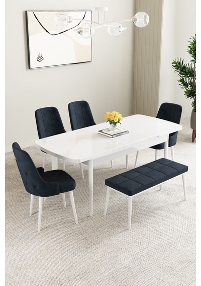 Clara Beyaz 80x132 Açılabilir Mdf Masa Yemek Odası Takımı,mutfak Takımı 4 Sandalye 1 Bench Antrasit