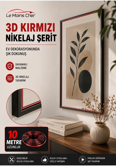 3d Kırmızı Nikelaj Şerit 10 Metre Ayna Tablo Çerçeve Dekor Şeridi