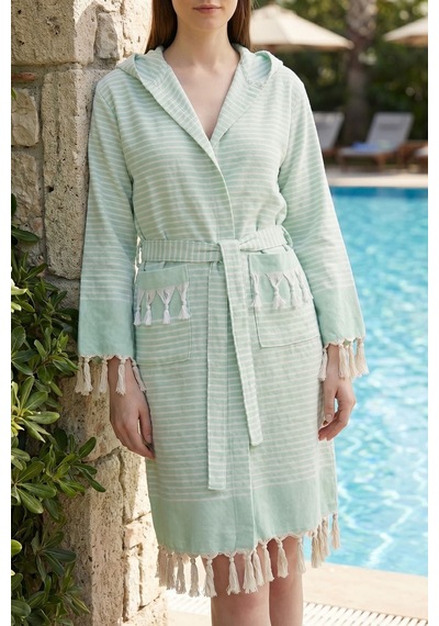 Kapşonlu Unisex Peştemal Plaj Bornozu %100 Pamuklu Seaside Stripe Yeşil