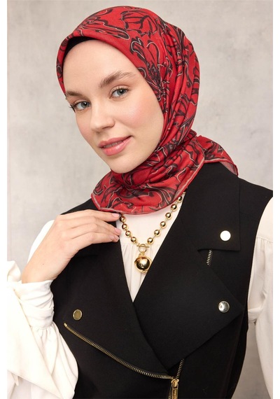 Silk Home Pamuk Polyester Soft Eşarp Kırmızı Zemin Vizon-siyah Lilyum Desenli Kaymaz Tok Duruşlu 90x90 Çok Renkli