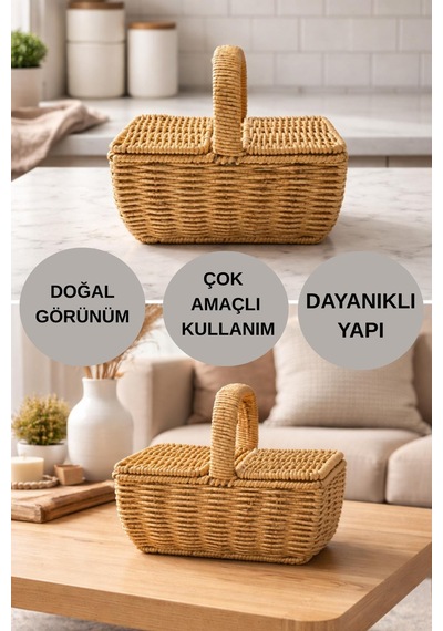 Dikdörtgen Hasır Rattan Mini Kulplu Organizer Sepet,ekmeklik Diğer