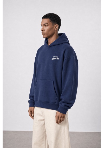 Respire Erkek Served Cold Baskılı Oversize Hoodie Lacivert