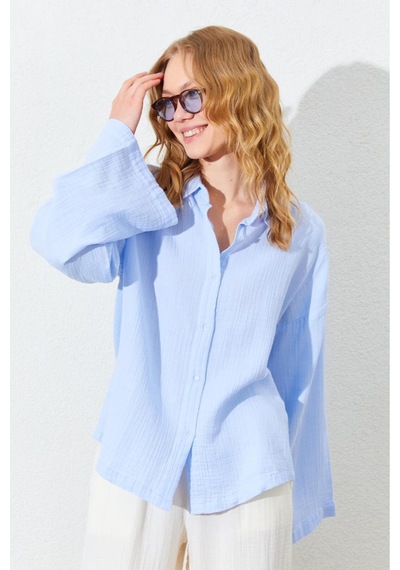 Manche Kolları Salaş Yıkamalı Müslin Oversize Rahat Kalıp Kadın Basic Gömlek - Bebe Mavi Mks166881-01 Manche Kolları Salaş Yıkamalı Müslin Oversize Rahat Kalıp Kadın Basic Gömlek - Bebe Mavi Mks166881-01