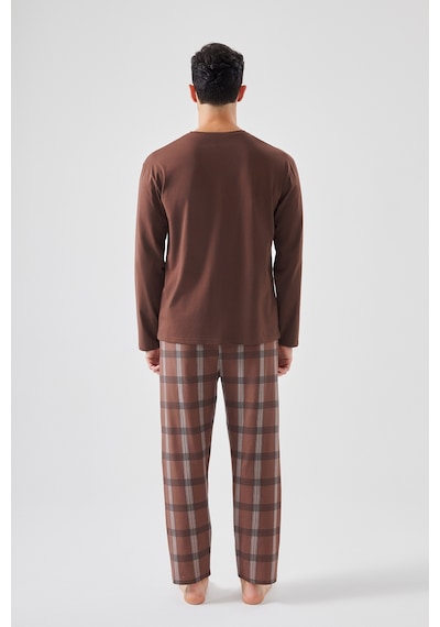 Koza İç Giyim Erkek Pamuklu Uzun Kollu Ekose Desenli Pijama Takımı Ke77614 Kahverengi